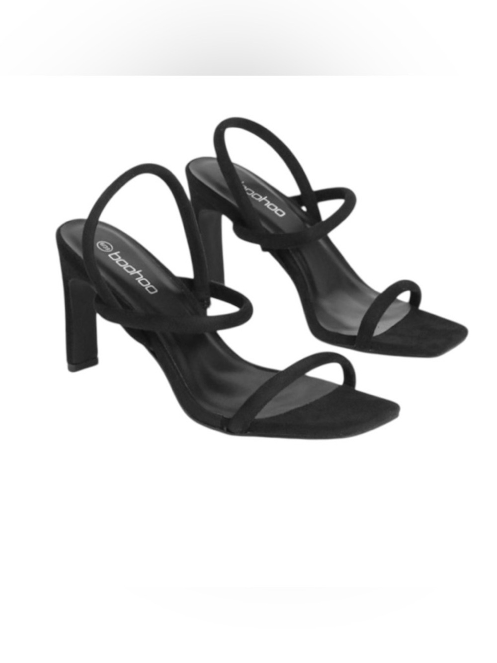 Boohoo Black Strappy Square Toe Heels Minimalist Slingback Sandals - Size 8